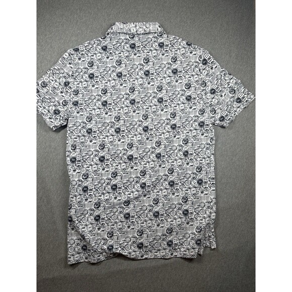 Ibkul Polo Shirt Mens Small White Black Antique Stamp Postmark AOP Icefil UPF - Picture 5 of 7